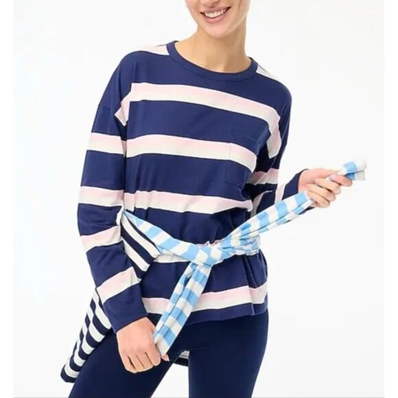 J. Crew Striped Long Sleeve Pocket Tee Blue Pink Boxy Oversized Cotton Size M - Picture 1 of 12